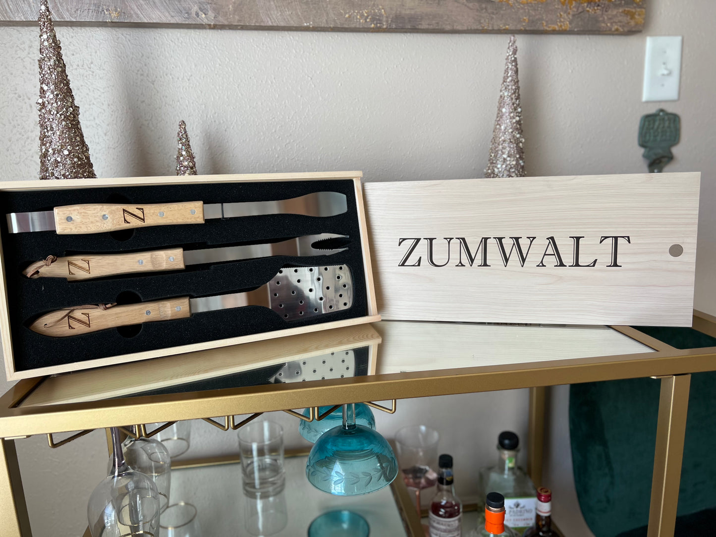 Personalized 3-Piece BBQ Set in Wooden Pine Box